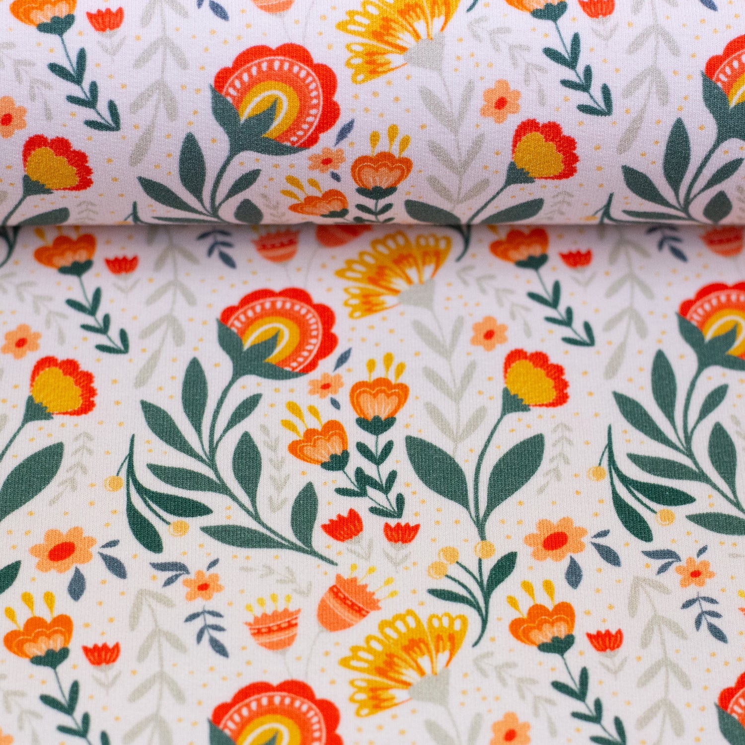 French Terry, Fields of Joy, Blumen, Weiß, Bunt, Meterware