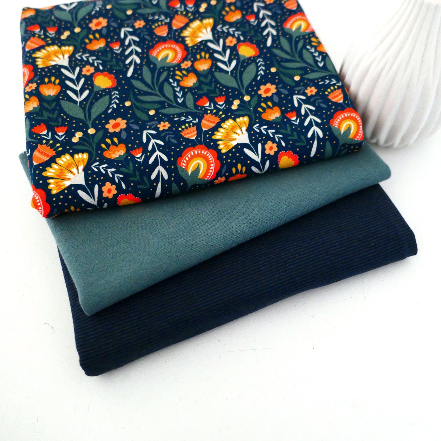 Stoffpaket French Terry Fields of Joy Blumen, swafing, Ringel Blau, Bündchen