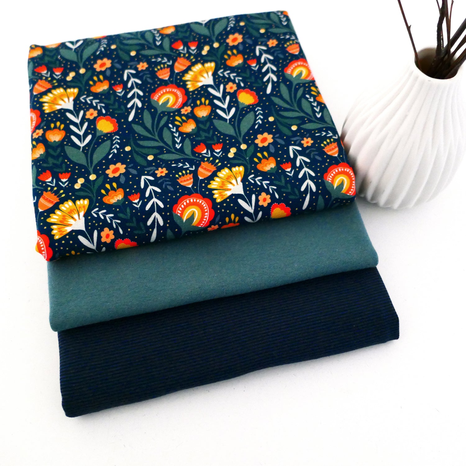 Stoffpaket French Terry Fields of Joy Blumen, swafing, Ringel Blau, Bündchen
