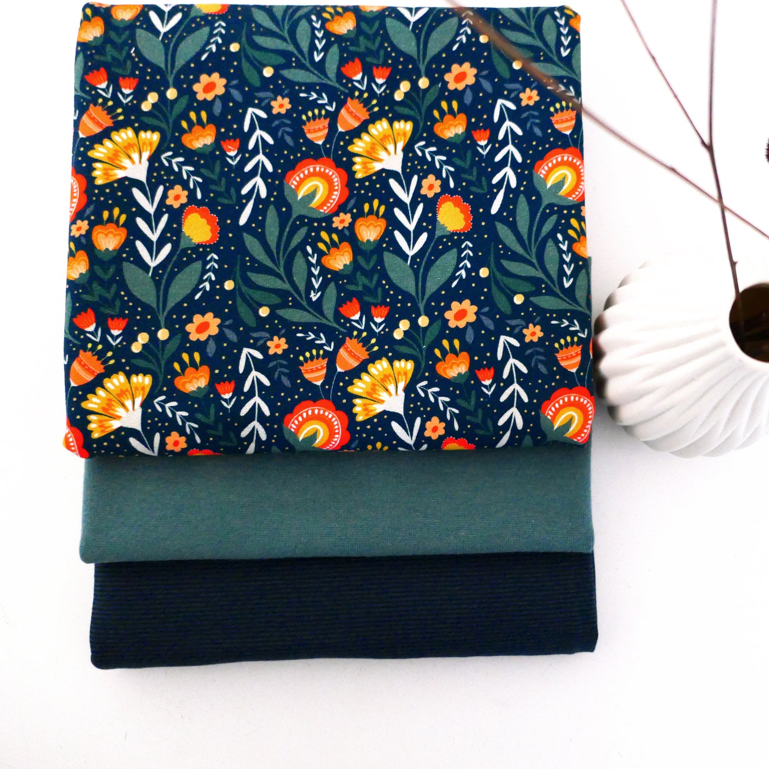 Stoffpaket French Terry Fields of Joy Blumen, swafing, Ringel Blau, Bündchen
