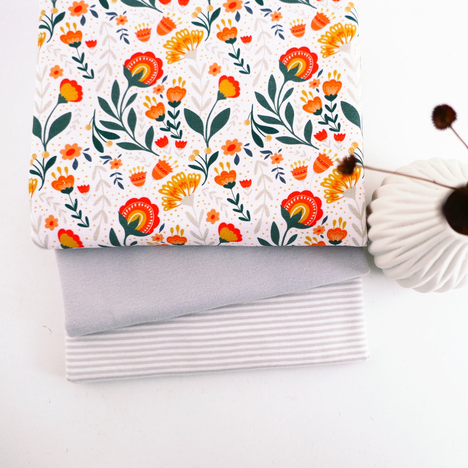 Stoffpaket French Terry Fields of Joy Blumen, swafing, Ringel Grau, Bündchen