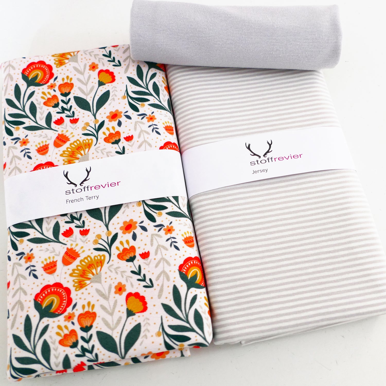 Stoffpaket French Terry Fields of Joy Blumen, swafing, Ringel Grau, Bündchen