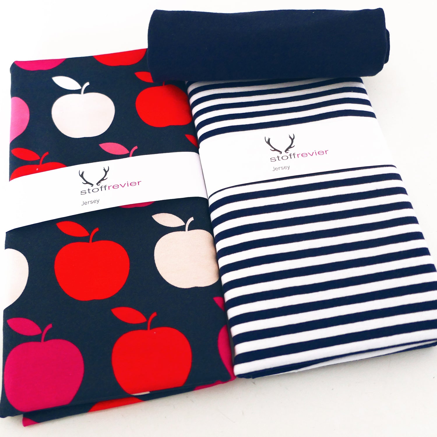 Stoffpaket Jersey, große Äpfel, Streifen Dunkelblau, 50cm Bündchen