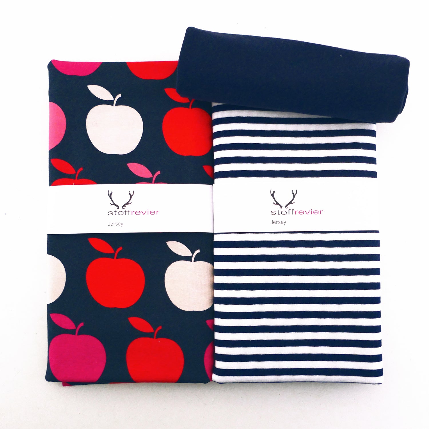 Stoffpaket Jersey, große Äpfel, Streifen Dunkelblau, 50cm Bündchen