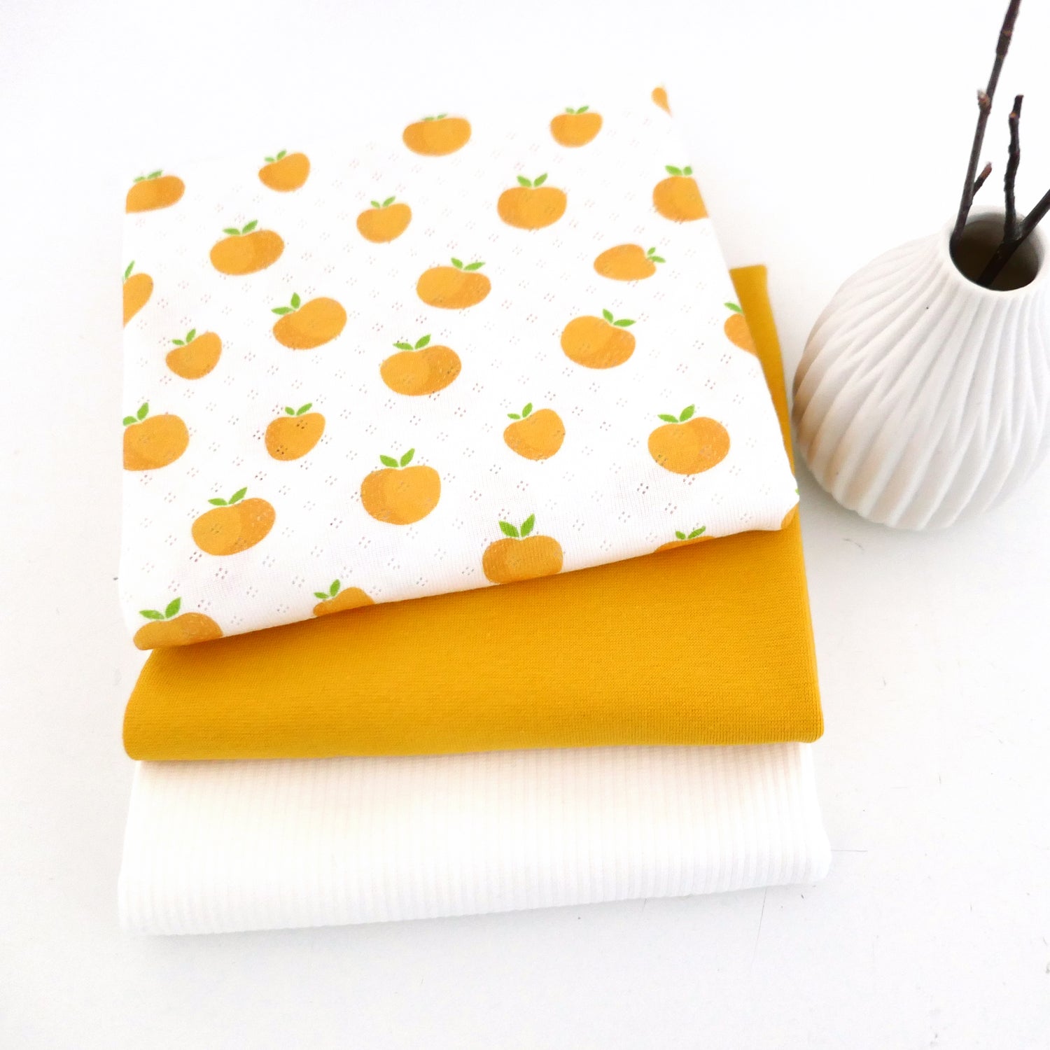 Stoffpaket Jersey, Äpfel Gelb, Ripjersey Uni Naturweiß, Bündchen