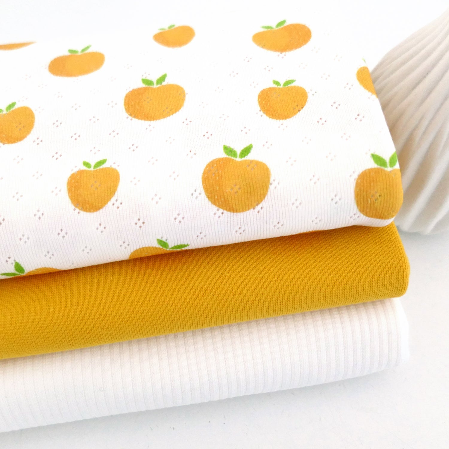 Stoffpaket Jersey, Äpfel Gelb, Ripjersey Uni Naturweiß, Bündchen