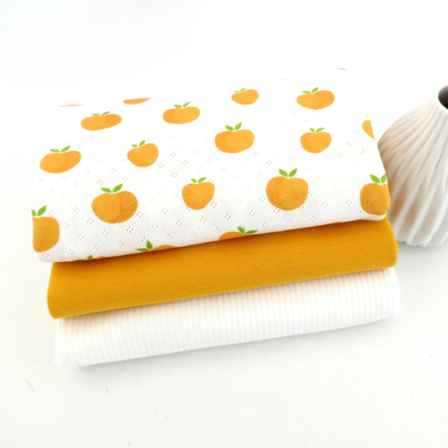 Stoffpaket Jersey, Äpfel Gelb, Ripjersey Uni Naturweiß, Bündchen