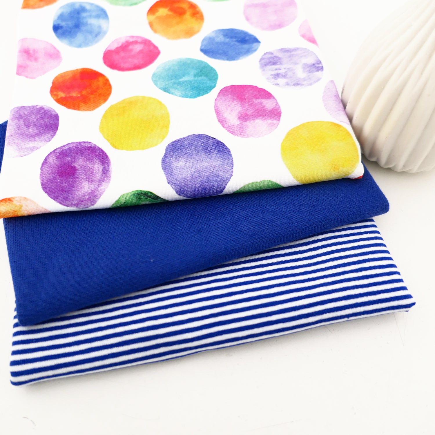 Stoffpaket Jersey, Aquarell Punkte Bunt, Ringel Bündchen Blau