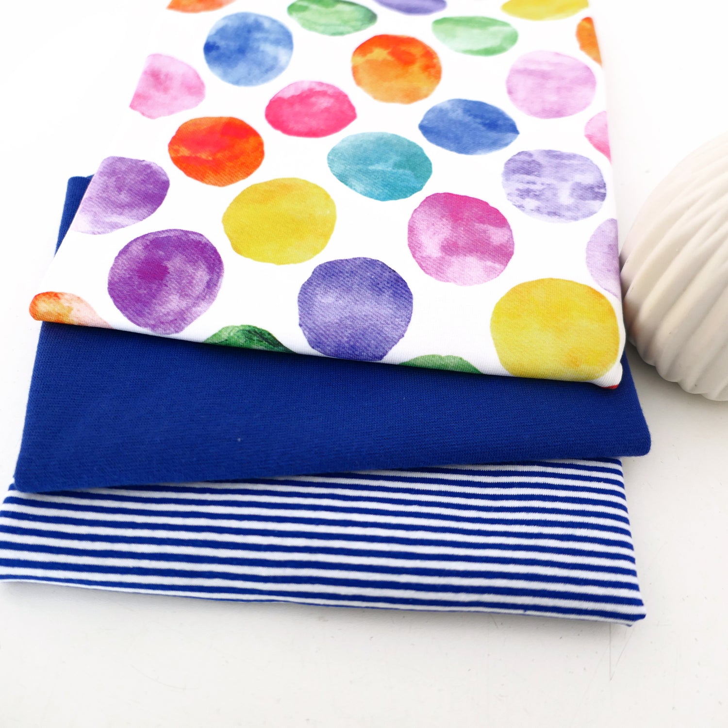 Stoffpaket Jersey, Aquarell Punkte Bunt, Ringel Bündchen Blau