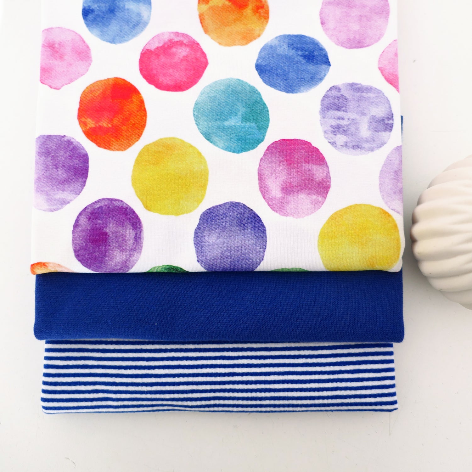 Stoffpaket Jersey, Aquarell Punkte Bunt, Ringel Bündchen Blau