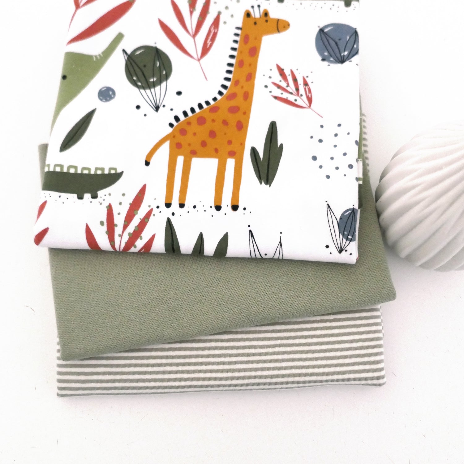 Jersey Stoffpaket, wilde Tiere, Ringel und Bündchen Khaki