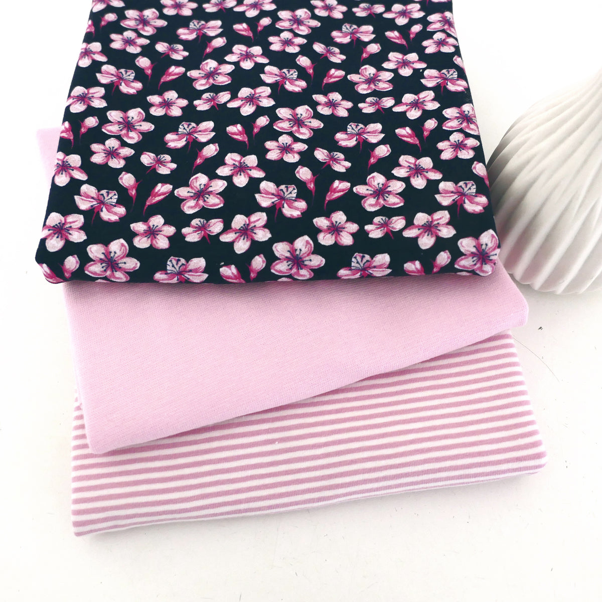 Stoffpaket Jersey, Blüten auf Blau, Ringel und Bündchen Rosa