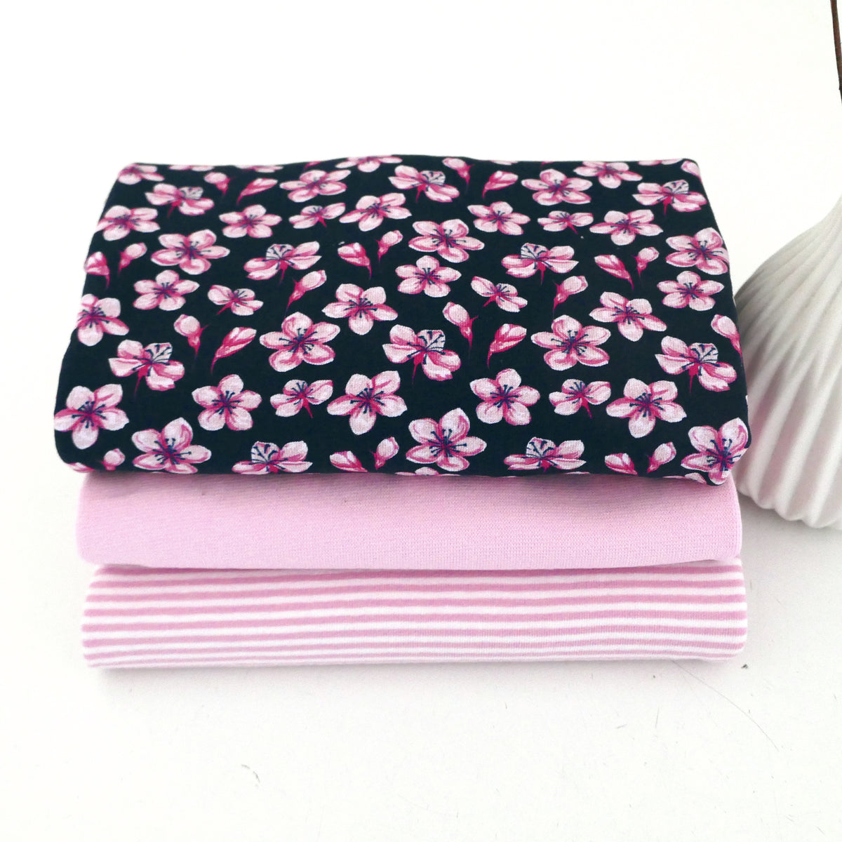 Stoffpaket Jersey, Blüten auf Blau, Ringel und Bündchen Rosa