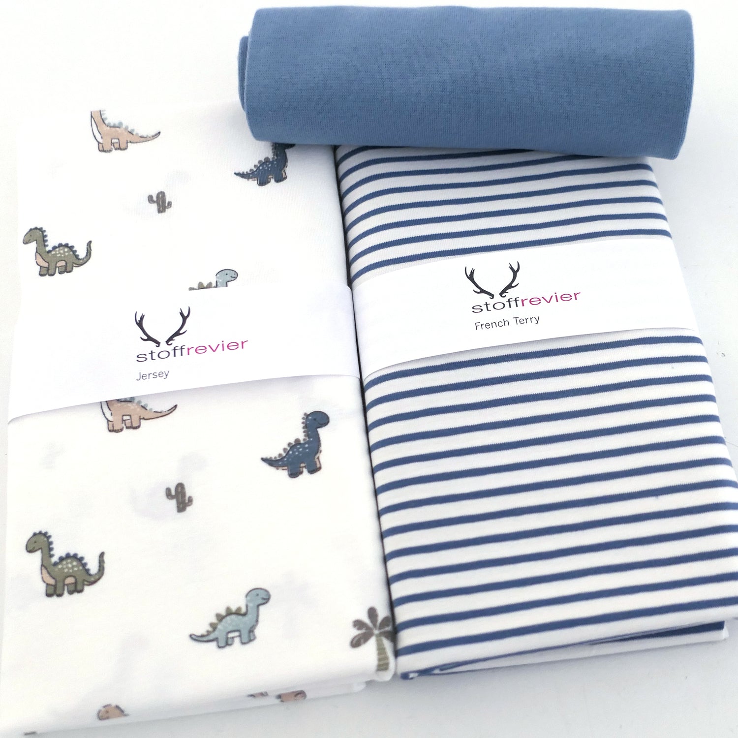 Stoffpaket Jersey, Dinosaurier Off-White, Bretonne Streifen Blau, Bündchen