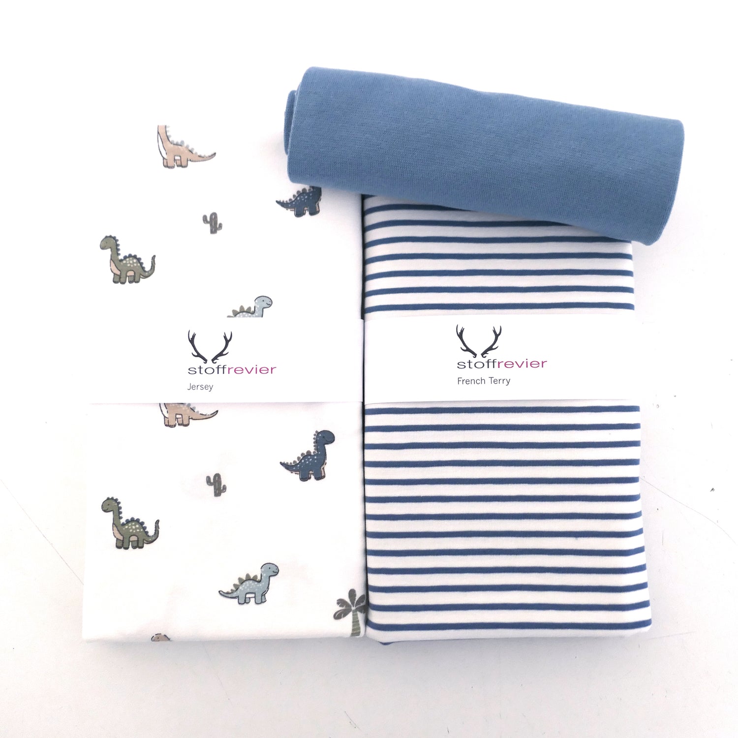 Stoffpaket Jersey, Dinosaurier Off-White, Bretonne Streifen Blau, Bündchen