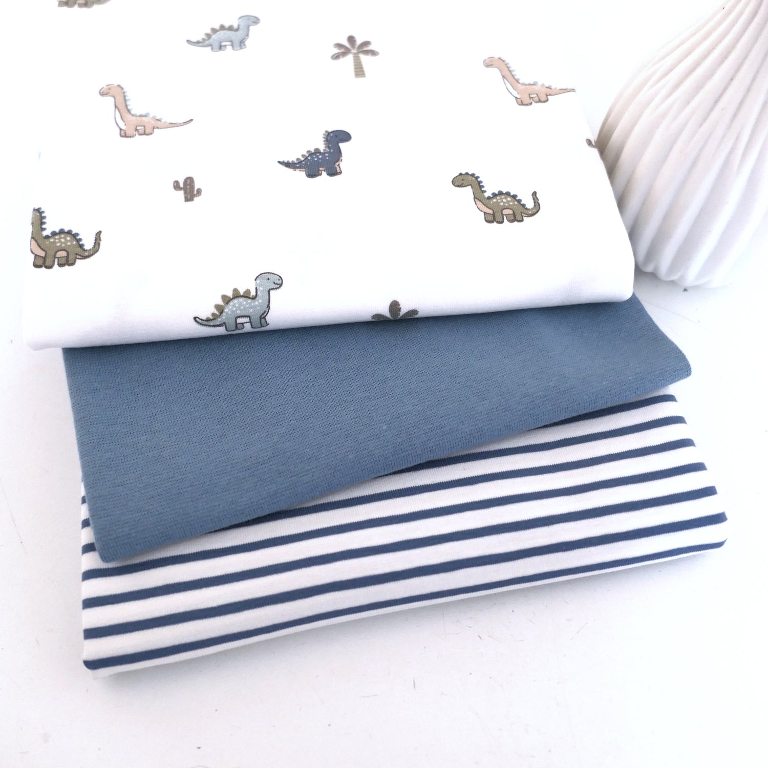 Stoffpaket Jersey, Dinosaurier Off-White, Bretonne Streifen Blau, Bündchen