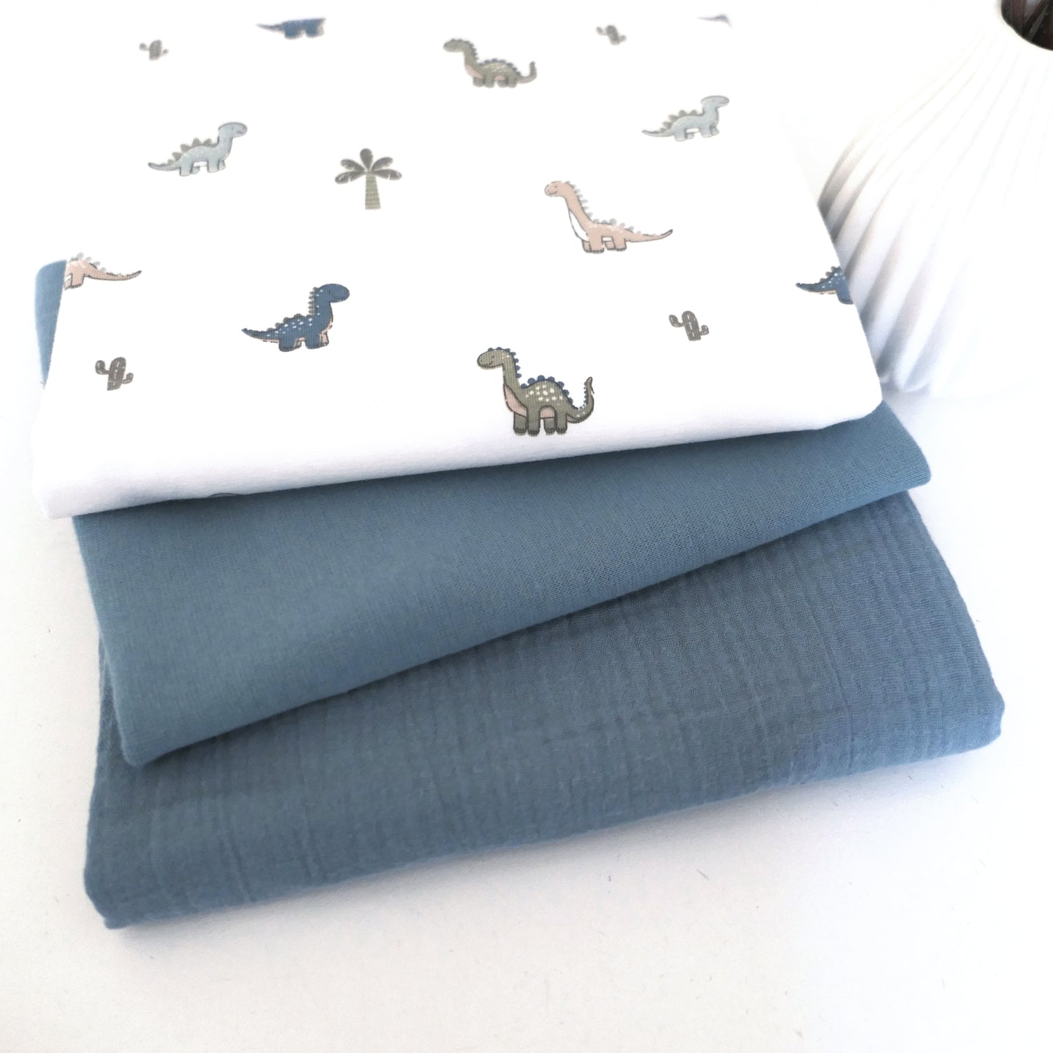 Stoffpaket Jersey Dinosaurier, Uni Musselin und Bündchen Rauchblau