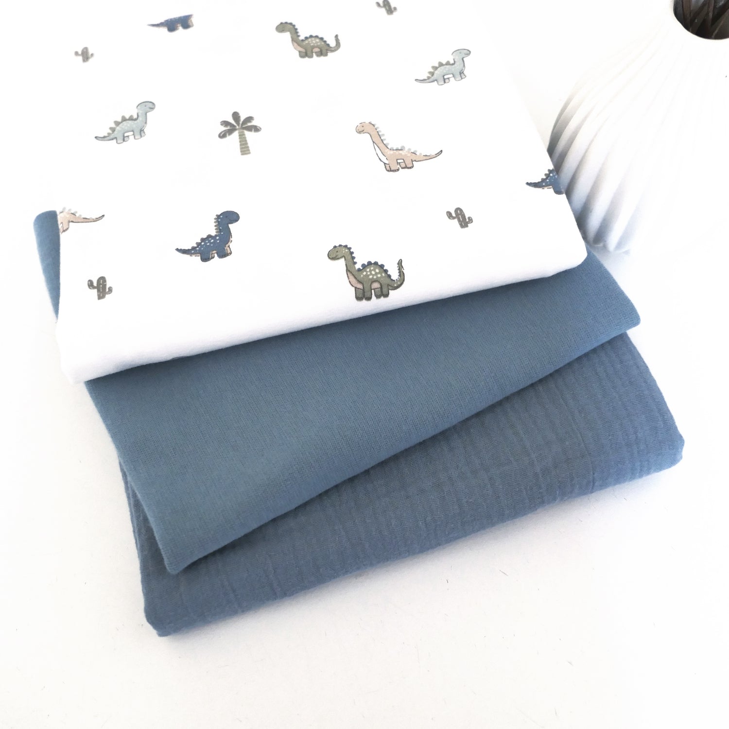 Stoffpaket Jersey Dinosaurier, Uni Musselin und Bündchen Rauchblau