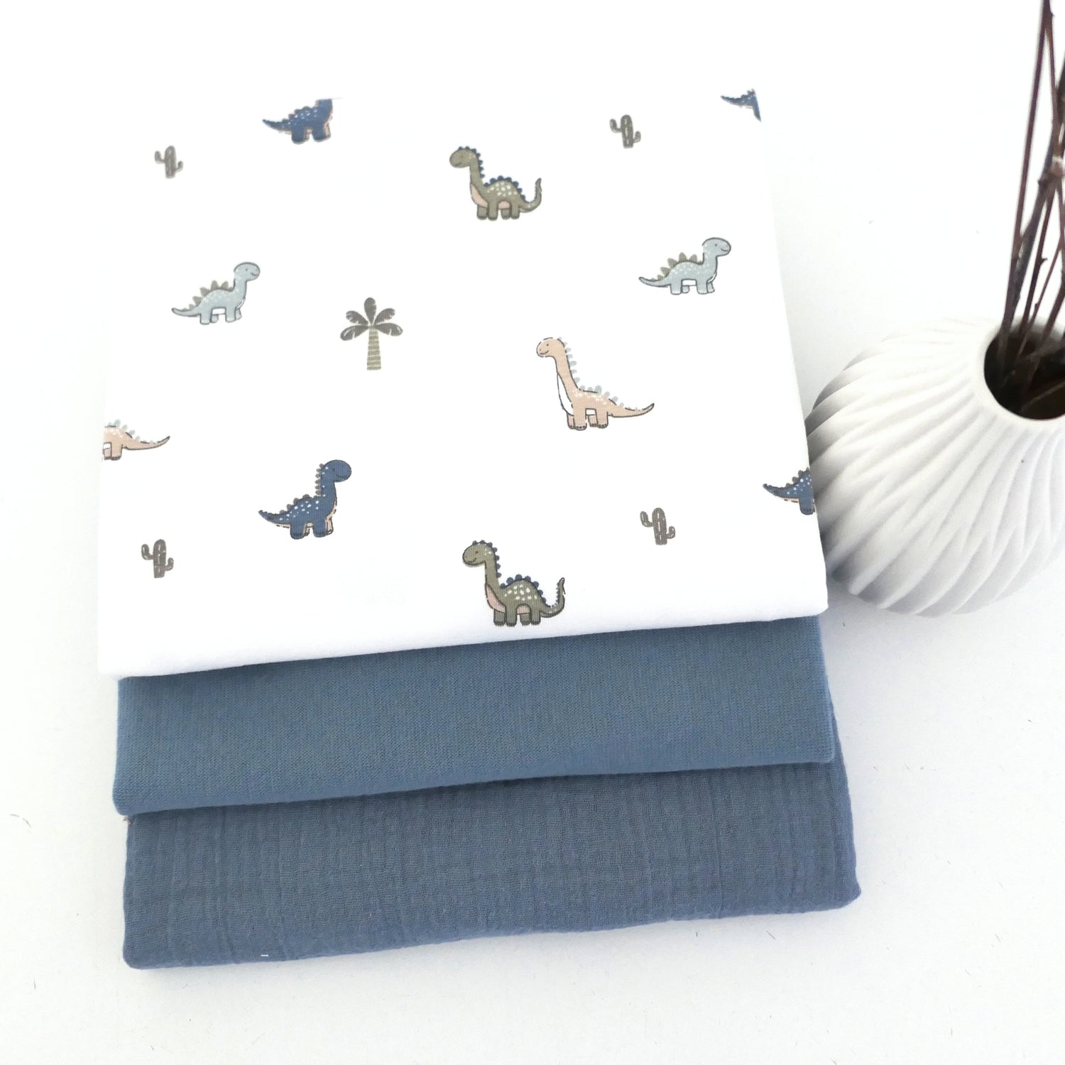 Stoffpaket Jersey Dinosaurier, Uni Musselin und Bündchen Rauchblau