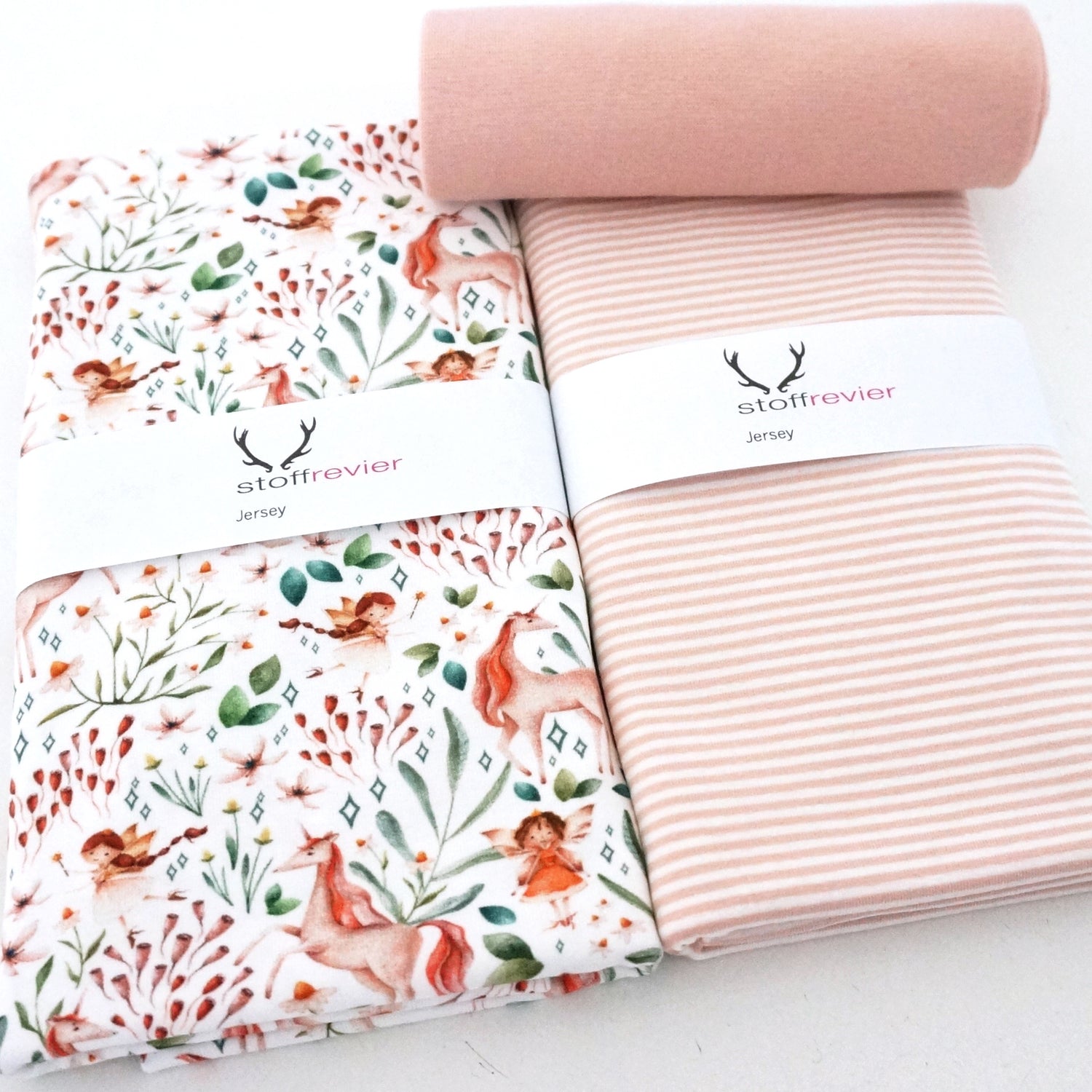 Stoffpaket Jersey, Einhörner und Elfen, Ringel Rosé, Bündchen