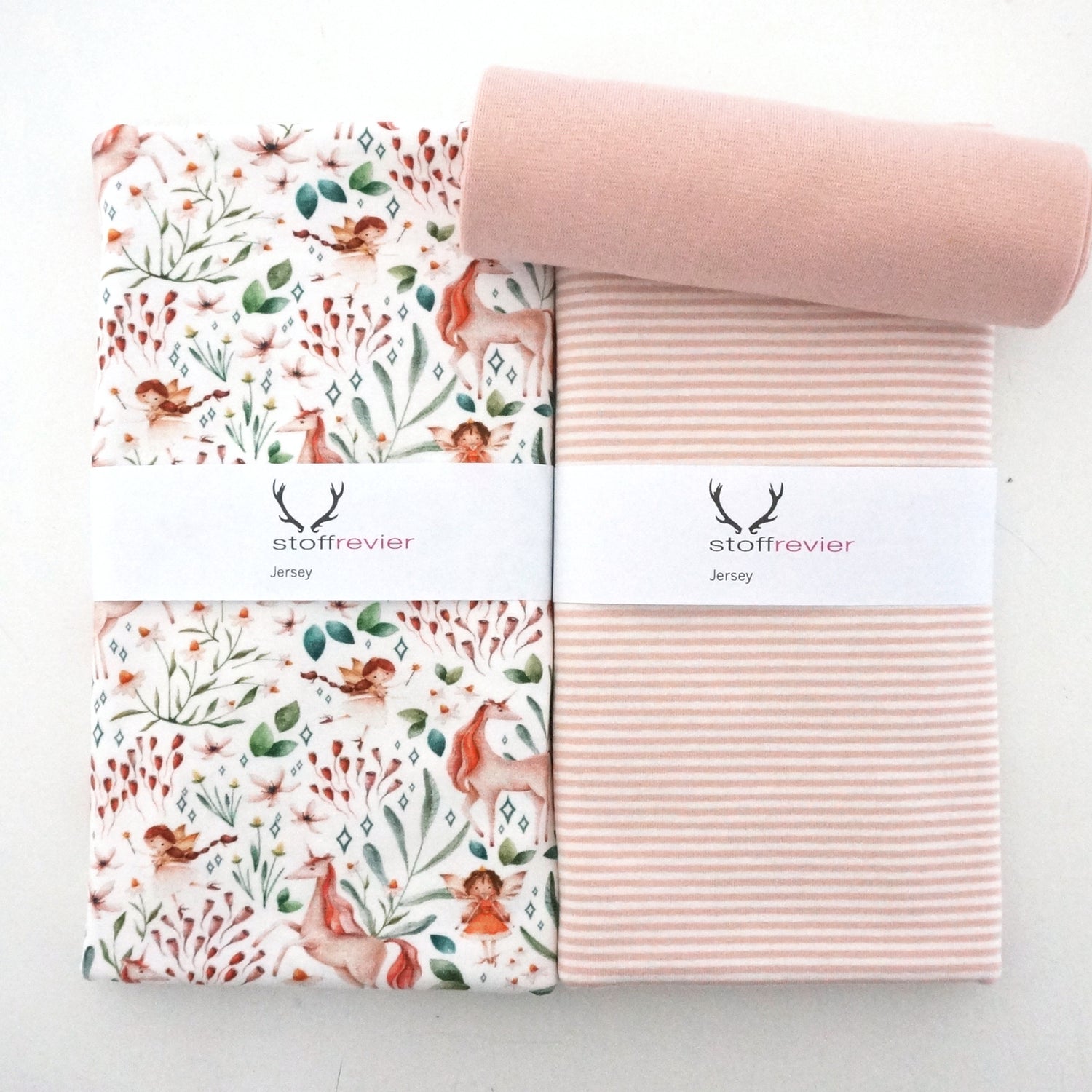 Stoffpaket Jersey, Einhörner und Elfen, Ringel Rosé, Bündchen