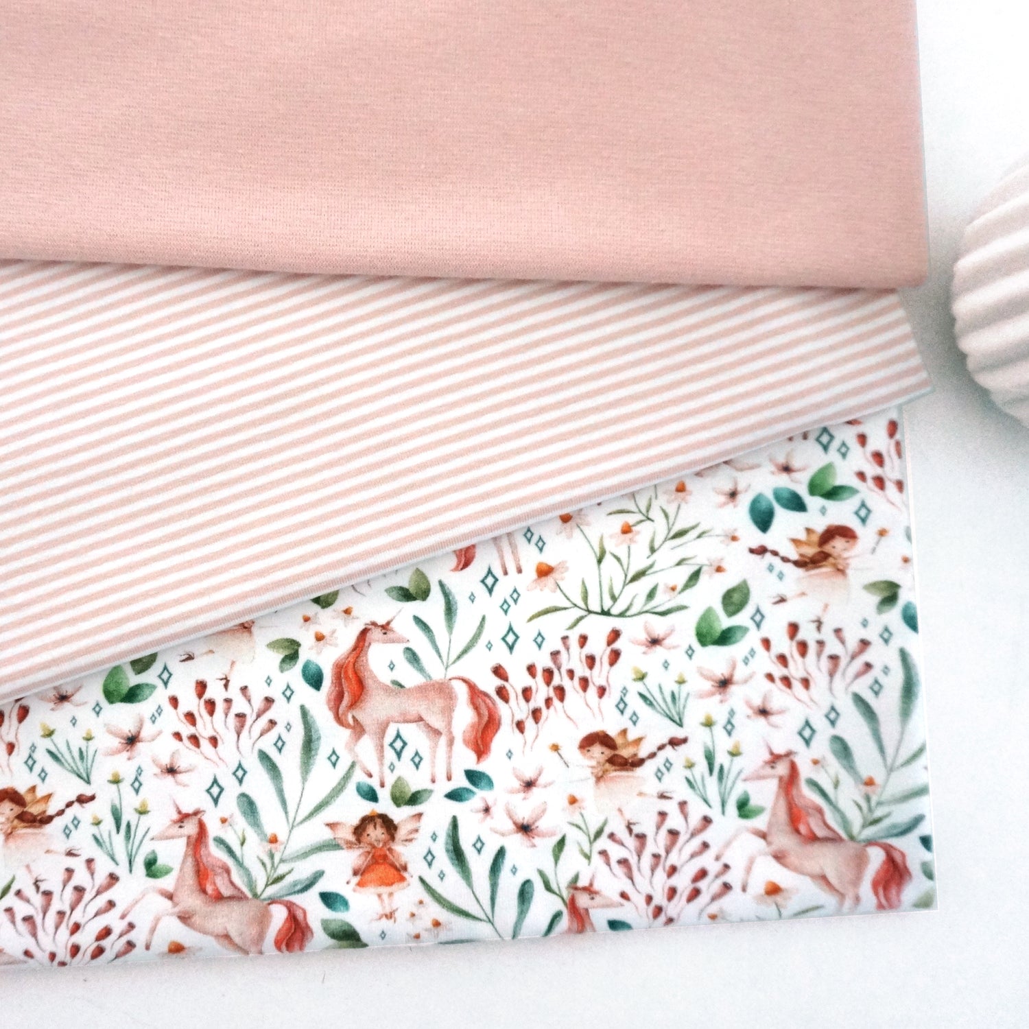 Stoffpaket Jersey, Einhörner und Elfen, Ringel Rosé, Bündchen