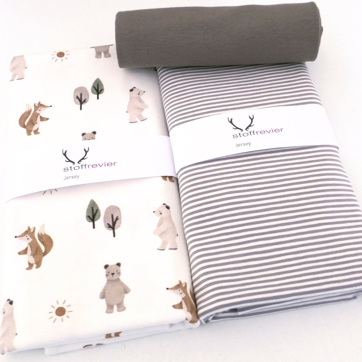 Stoffpaket Jersey, Fuchs und Bär, Off-White, Ringel Taupe, Bündchen