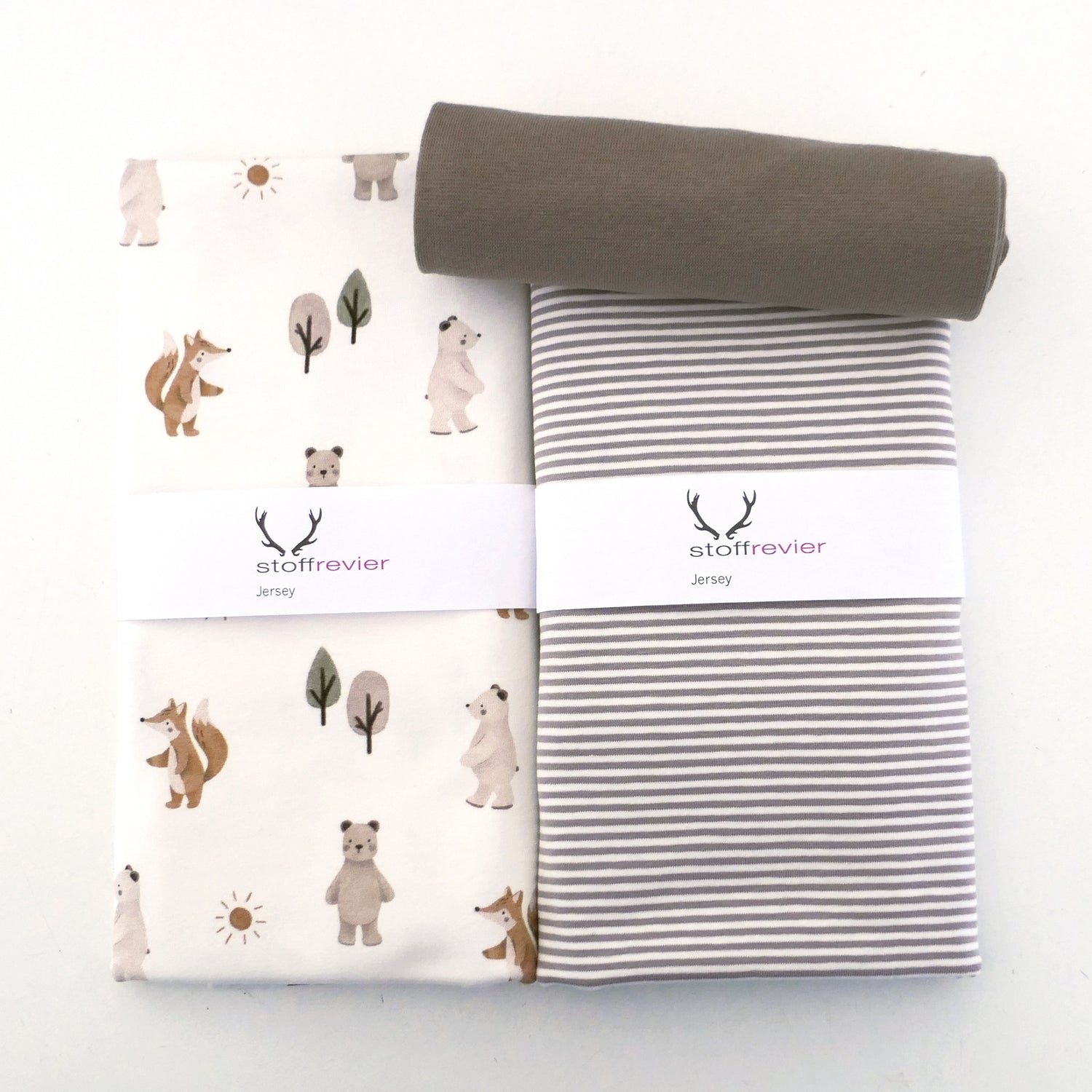 Stoffpaket Jersey, Fuchs und Bär, Off-White, Ringel Taupe, Bündchen