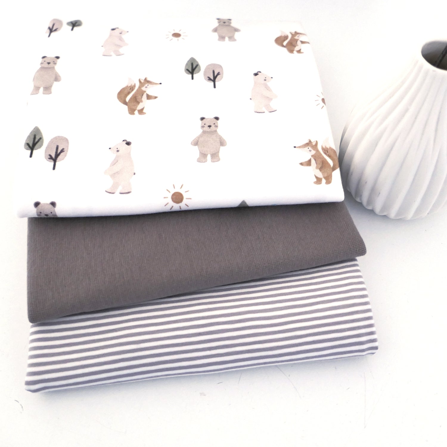 Stoffpaket Jersey, Fuchs und Bär, Off-White, Ringel Taupe, Bündchen