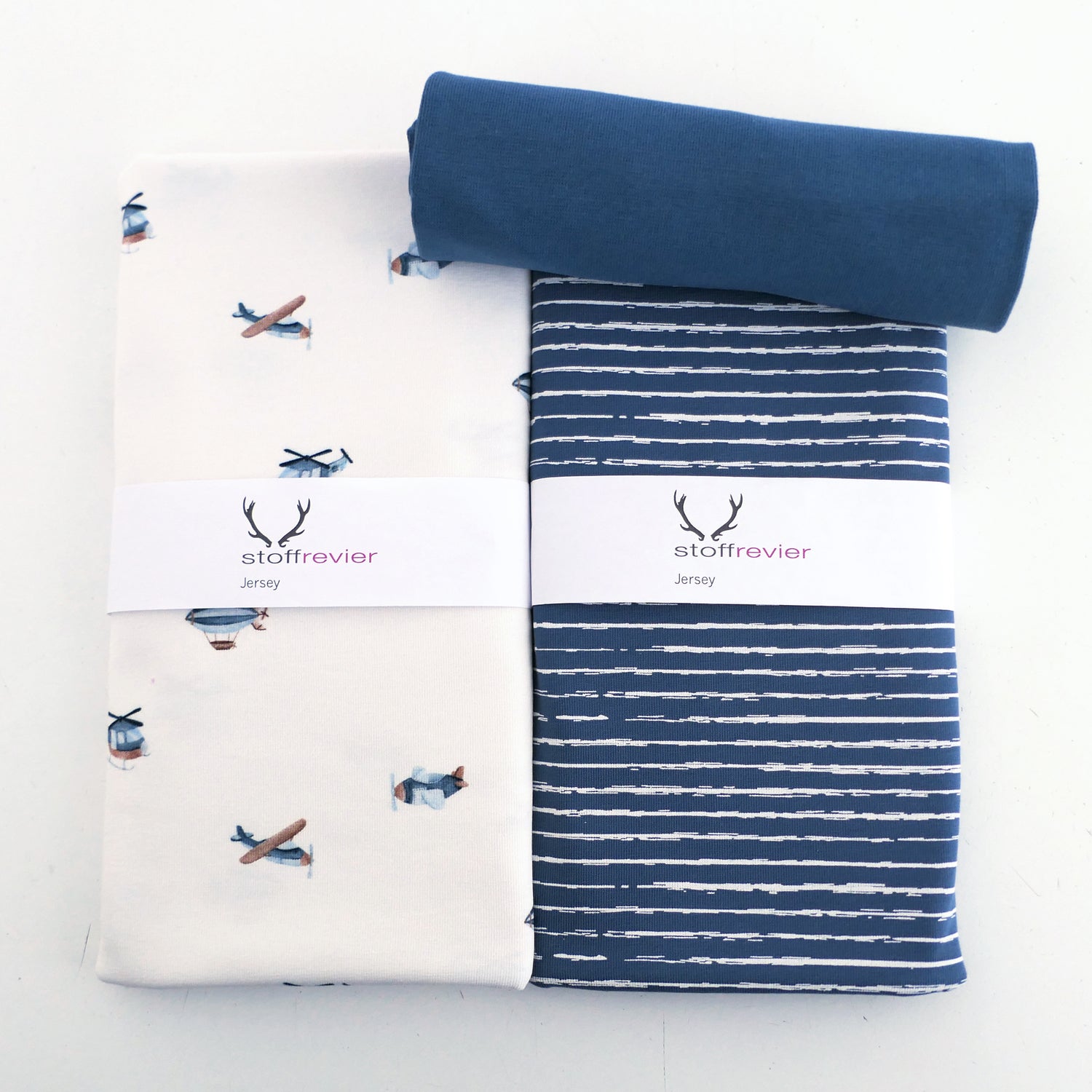 Stoffpaket Jersey, Flugobjekte, Helikopter, Linien, Bündchen