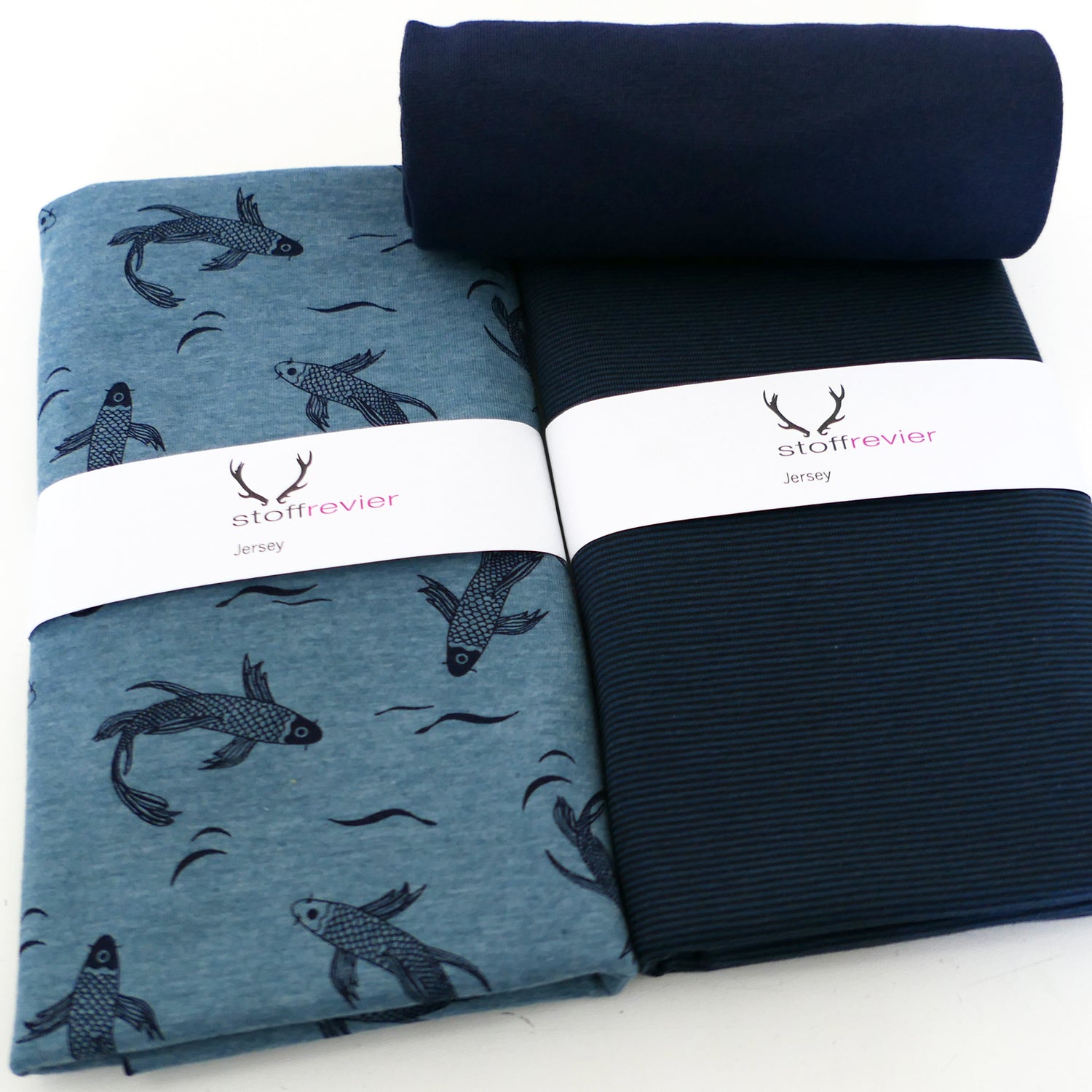 Stoffpaket Jersey, Kois, Fische meliert, feine Ringel Dunkelblau, Bündchen