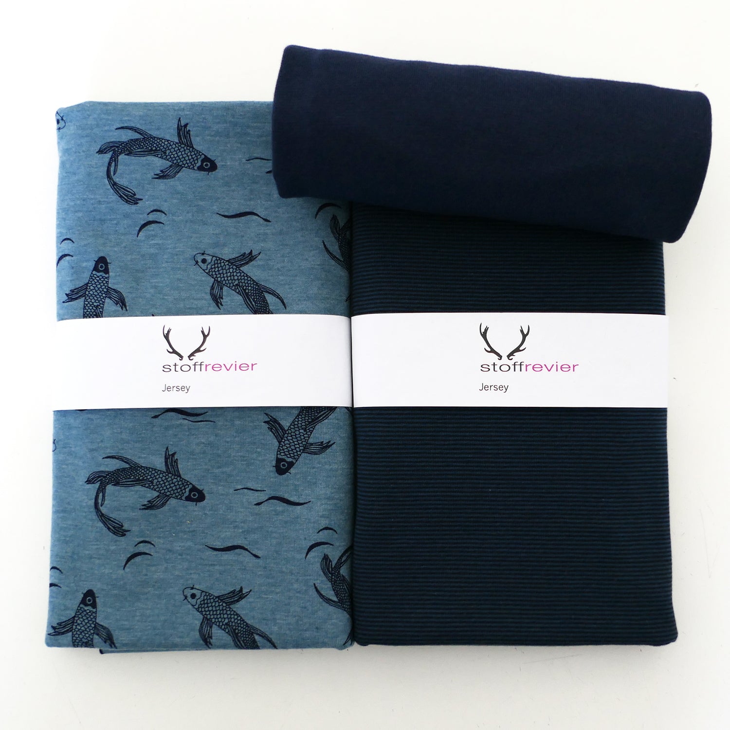 Stoffpaket Jersey, Kois, Fische meliert, feine Ringel Dunkelblau, Bündchen