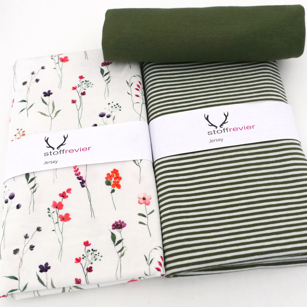 Jersey Stoffpaket, Wiesenblumen, Ringeljersey und Bündchen Moosgrün