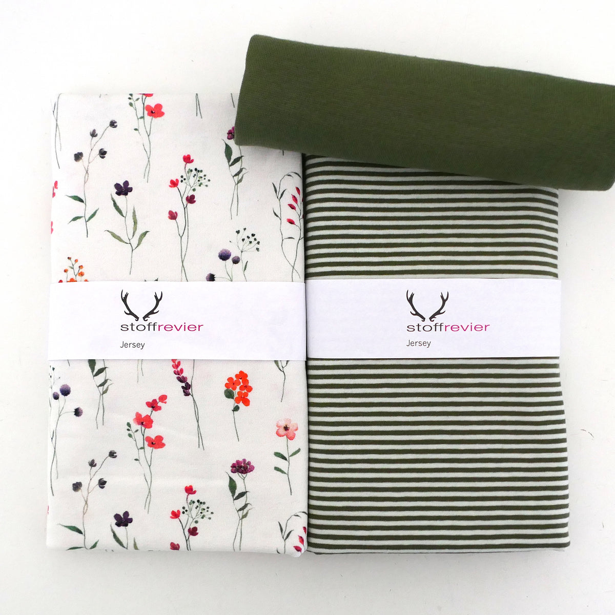 Jersey Stoffpaket, Wiesenblumen, Ringeljersey und Bündchen Moosgrün