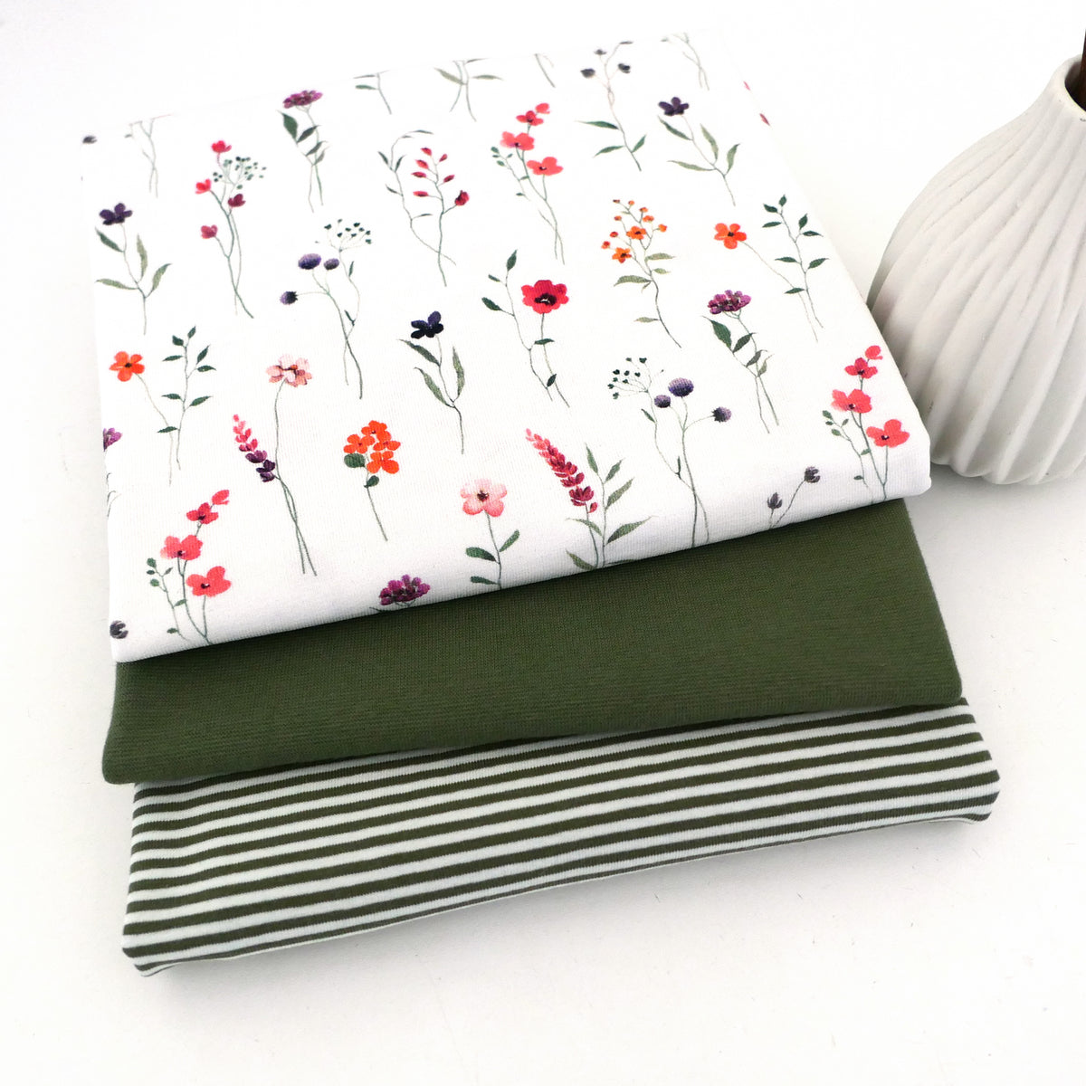 Jersey Stoffpaket, Wiesenblumen, Ringeljersey und Bündchen Moosgrün
