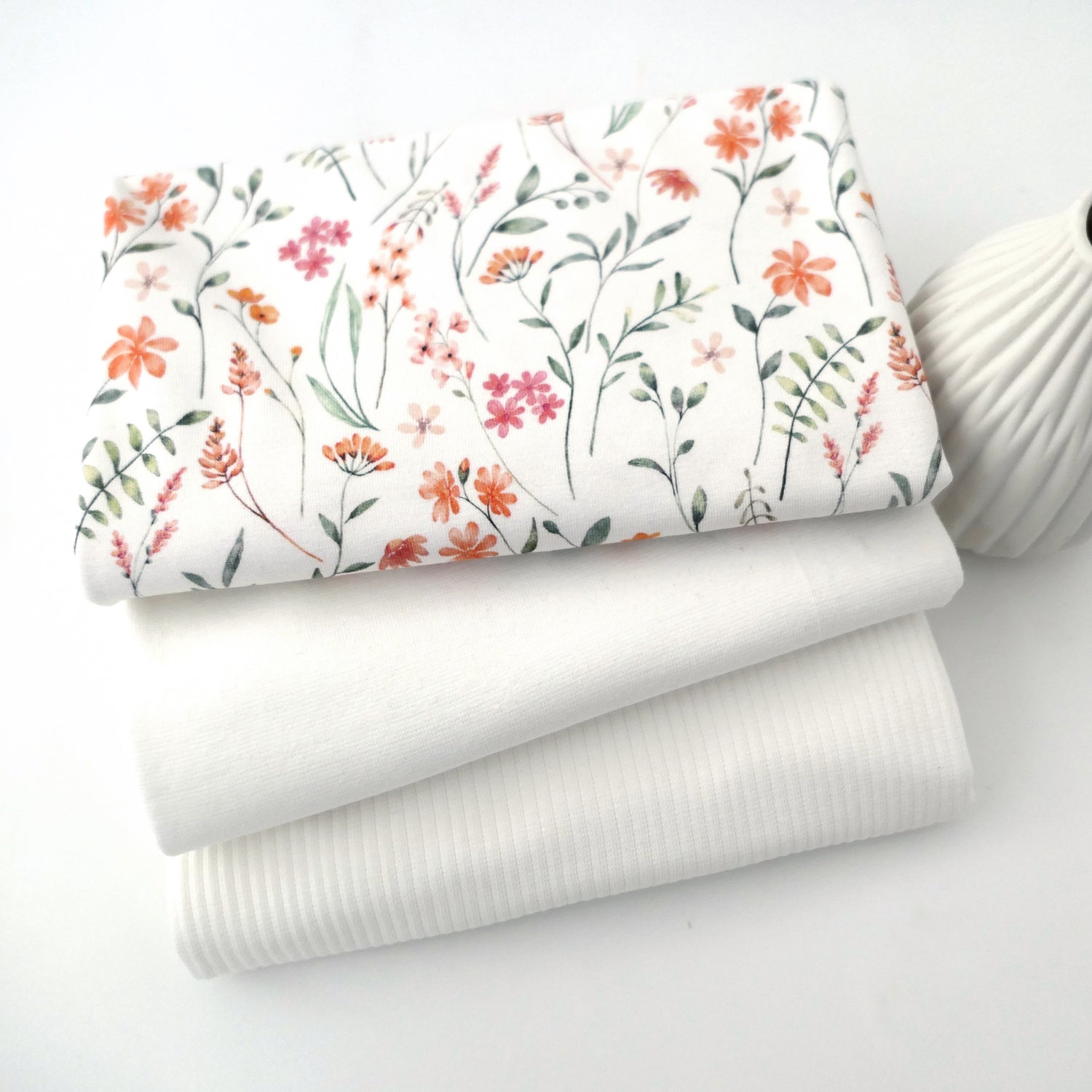Jersey Stoffpaket, Kräuterwiese, Ripjersey Uni mit Bündchen Off-White