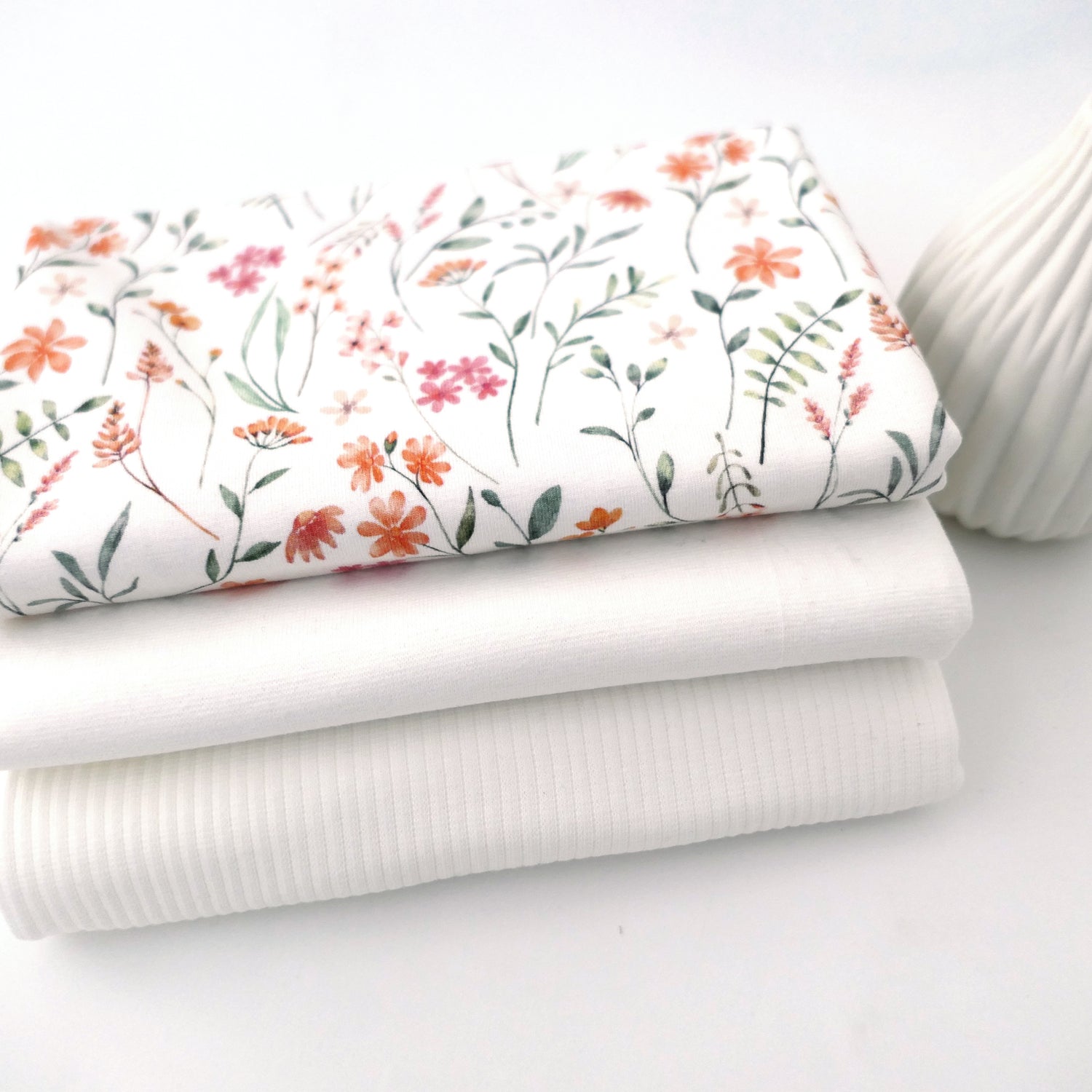 Jersey Stoffpaket, Kräuterwiese, Ripjersey Uni mit Bündchen Off-White