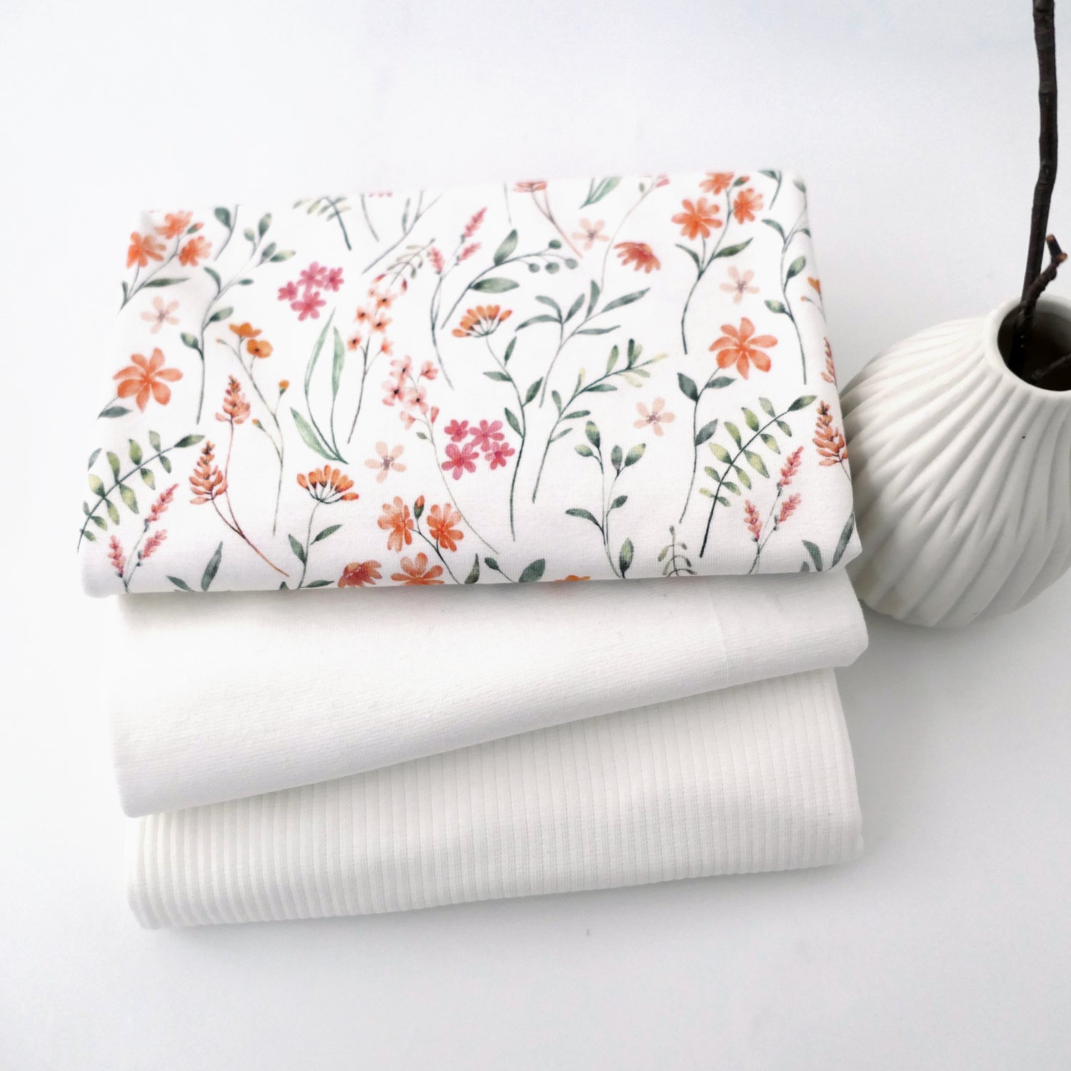 Jersey Stoffpaket, Kräuterwiese, Ripjersey Uni mit Bündchen Off-White