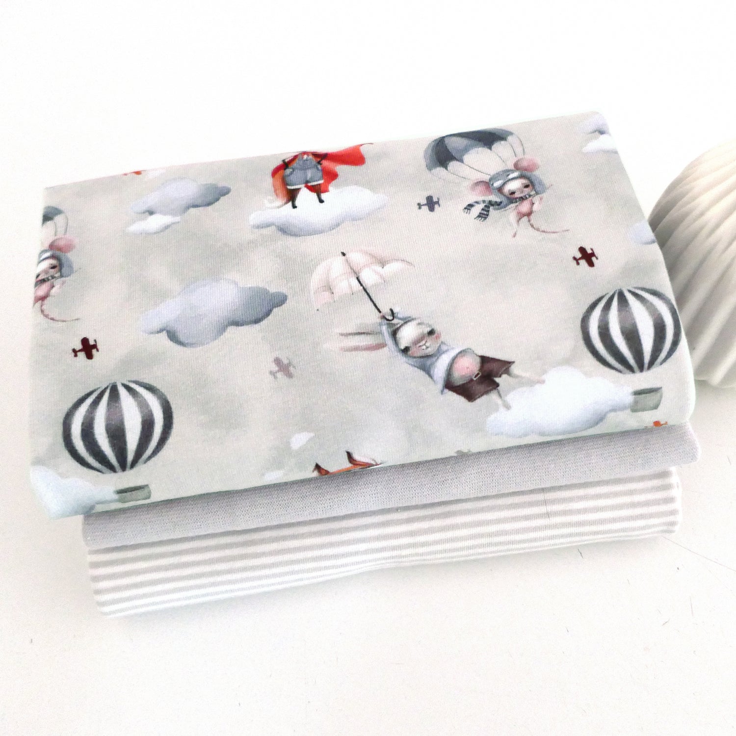 Stoffpaket Jersey, Let's Fly, Ringel Warmgrau, Bündchen