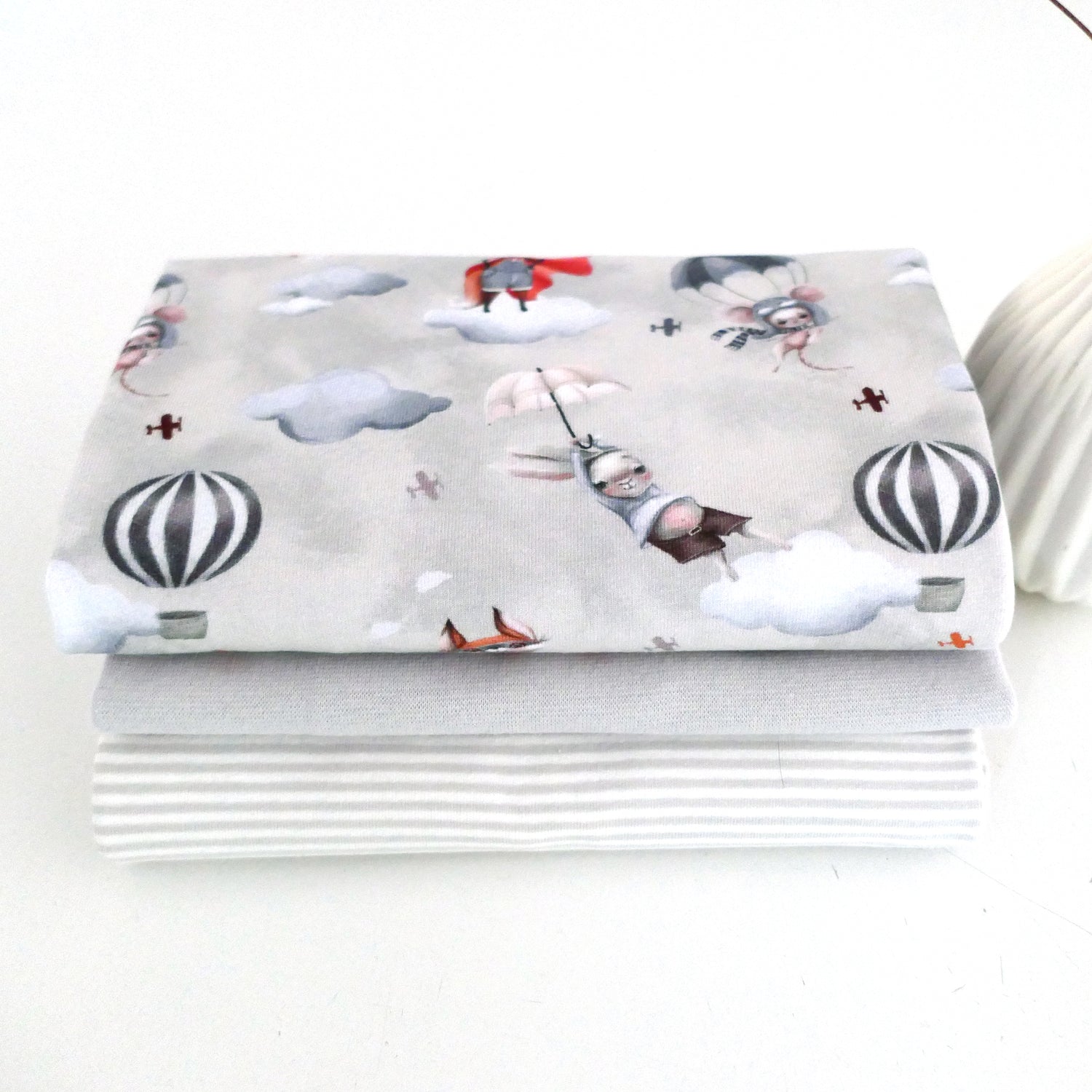 Stoffpaket Jersey, Let's Fly, Ringel Warmgrau, Bündchen