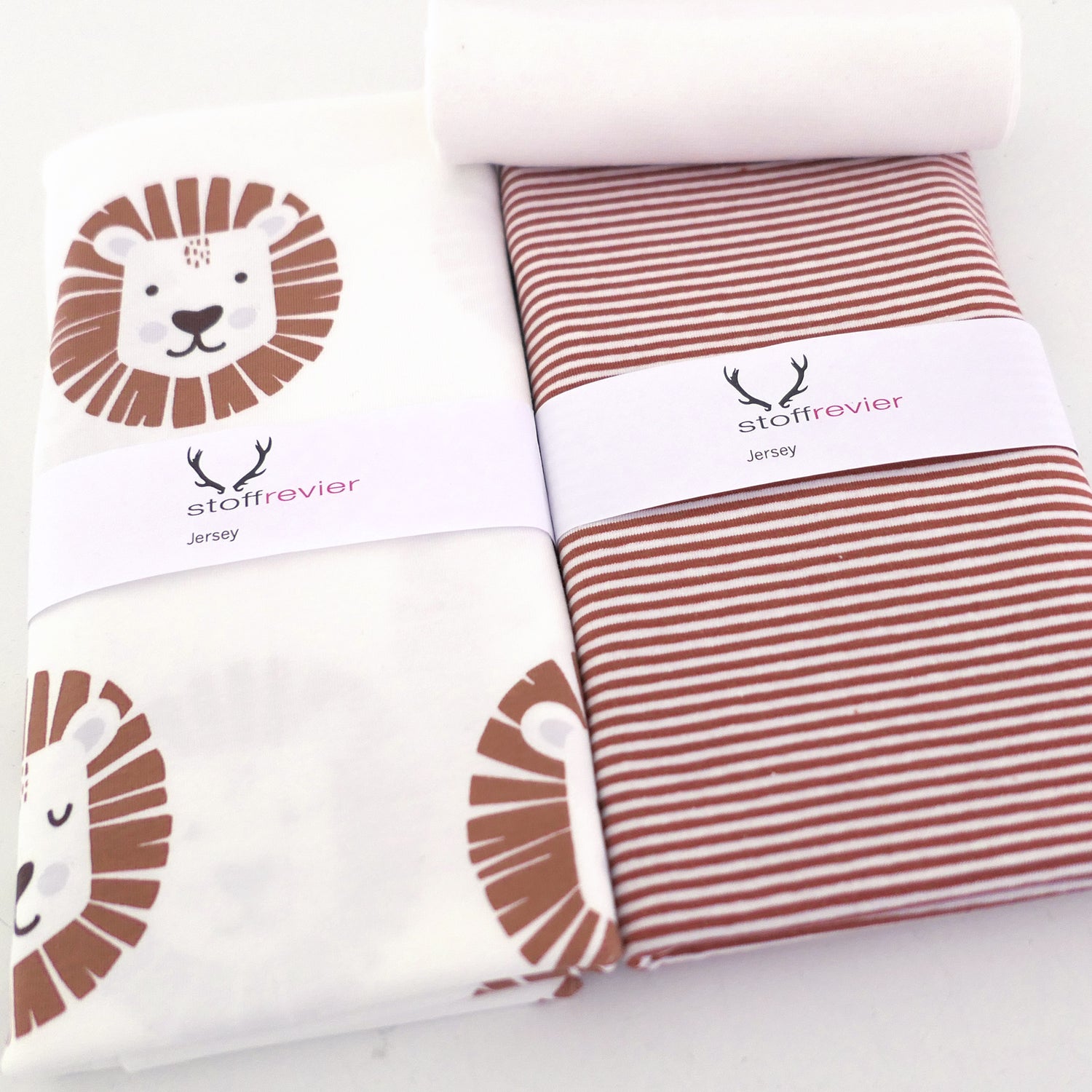 Stoffpaket Jersey Löwenköpfe, Ringel Rotbraun, Bündchen