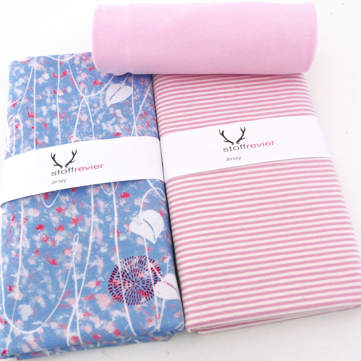 Stoffpaket Jersey, Mystical Florals, Blumen und Blätter mit Ringeljersey und Bündchen