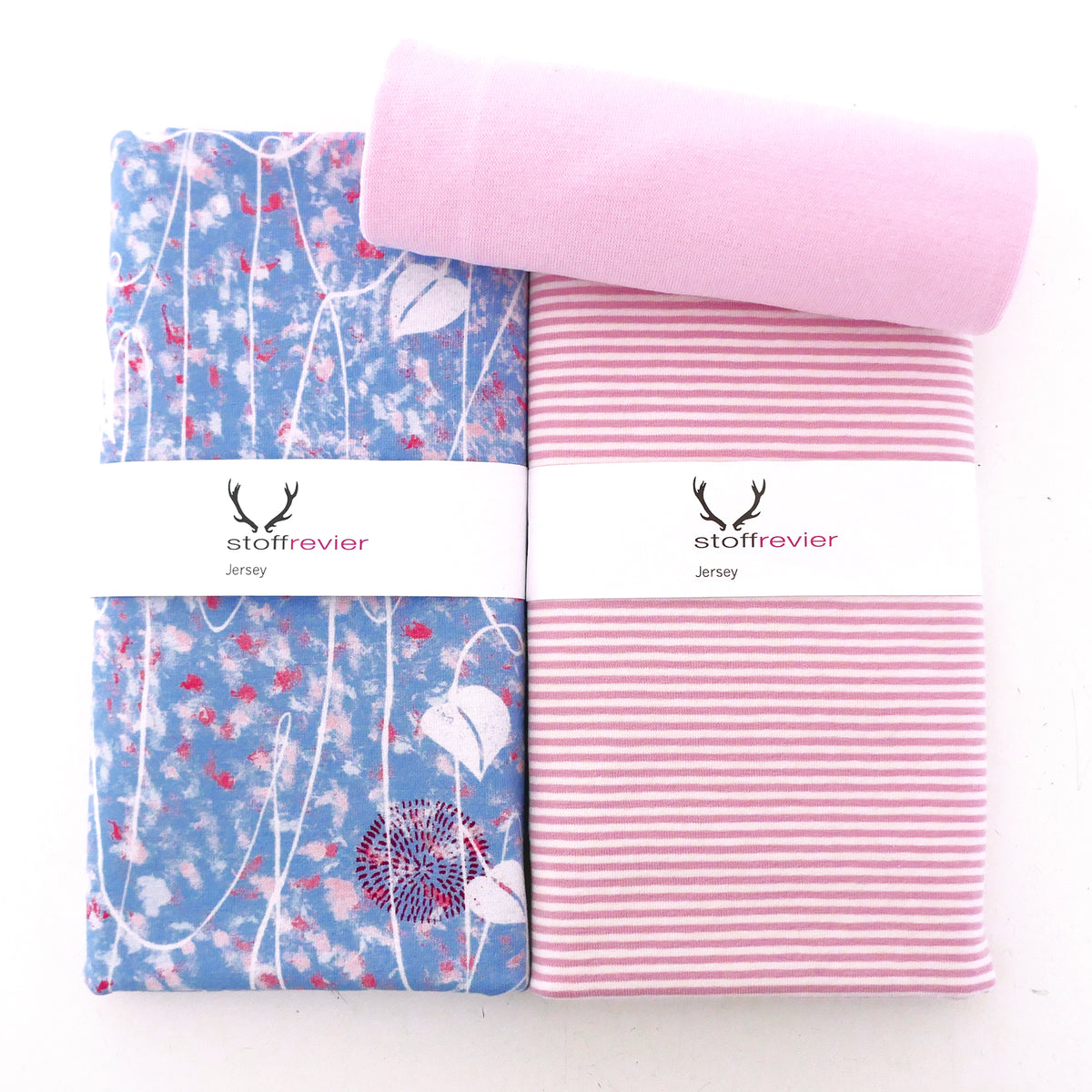 Stoffpaket Jersey, Mystical Florals, Blumen und Blätter mit Ringeljersey und Bündchen