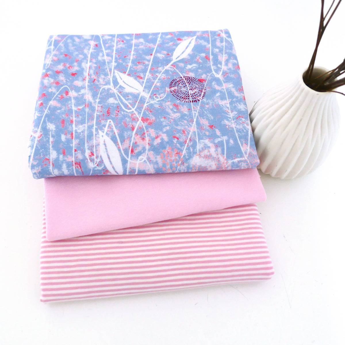 Stoffpaket Jersey, Mystical Florals, Blumen und Blätter mit Ringeljersey und Bündchen