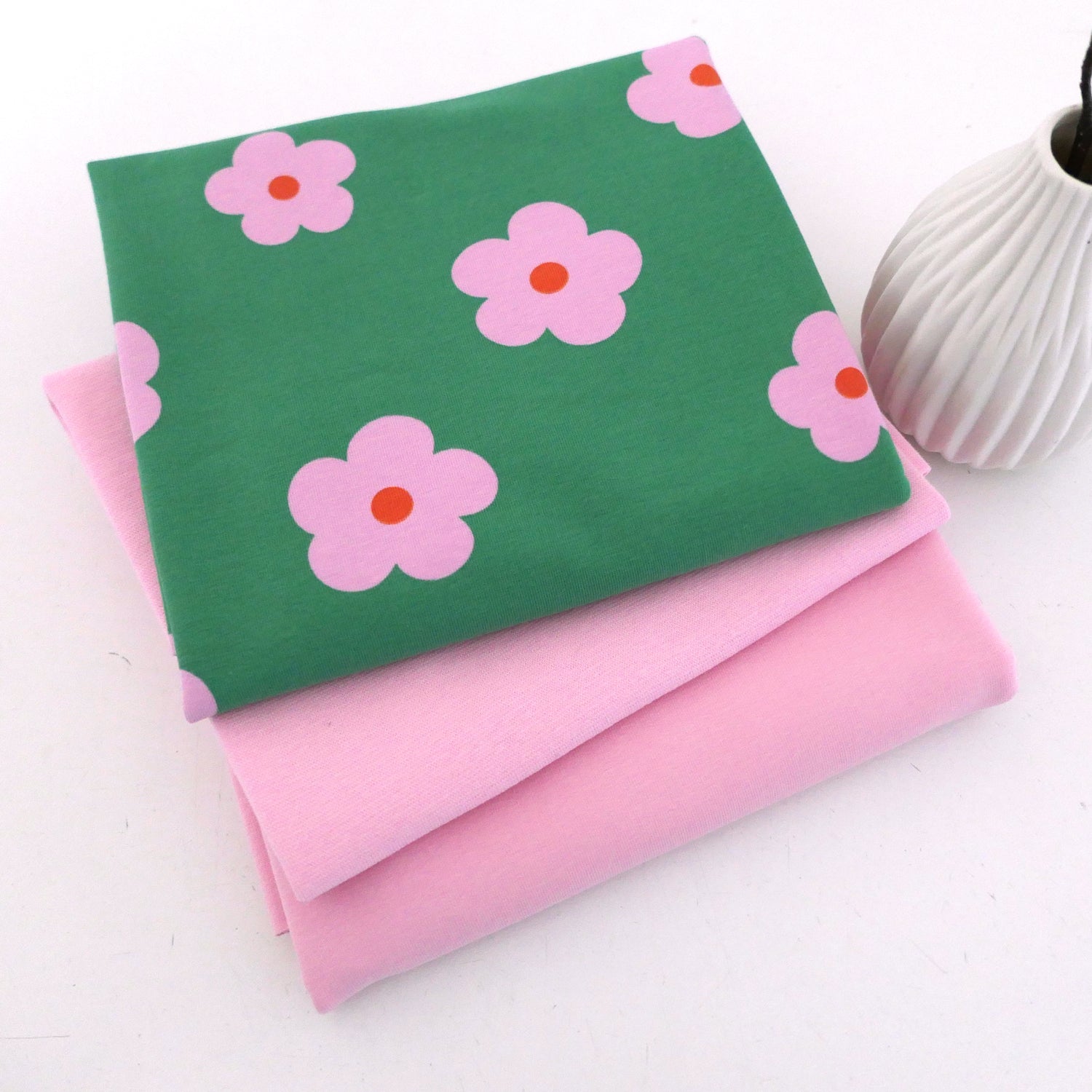 Jersey Stoffpaket, Prilblumen, Blüten, Rosa/Grün, French Terry Uni Rosa