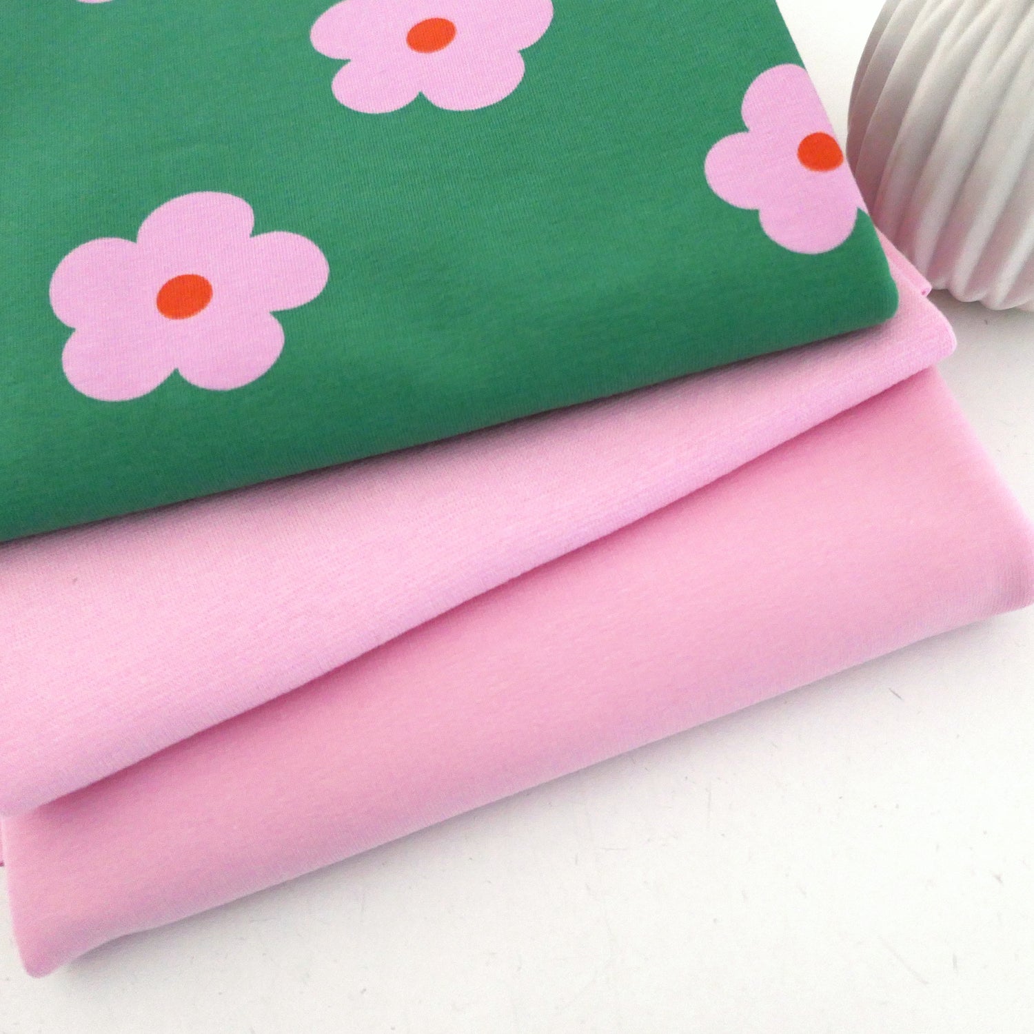 Jersey Stoffpaket, Prilblumen, Blüten, Rosa/Grün, French Terry Uni Rosa