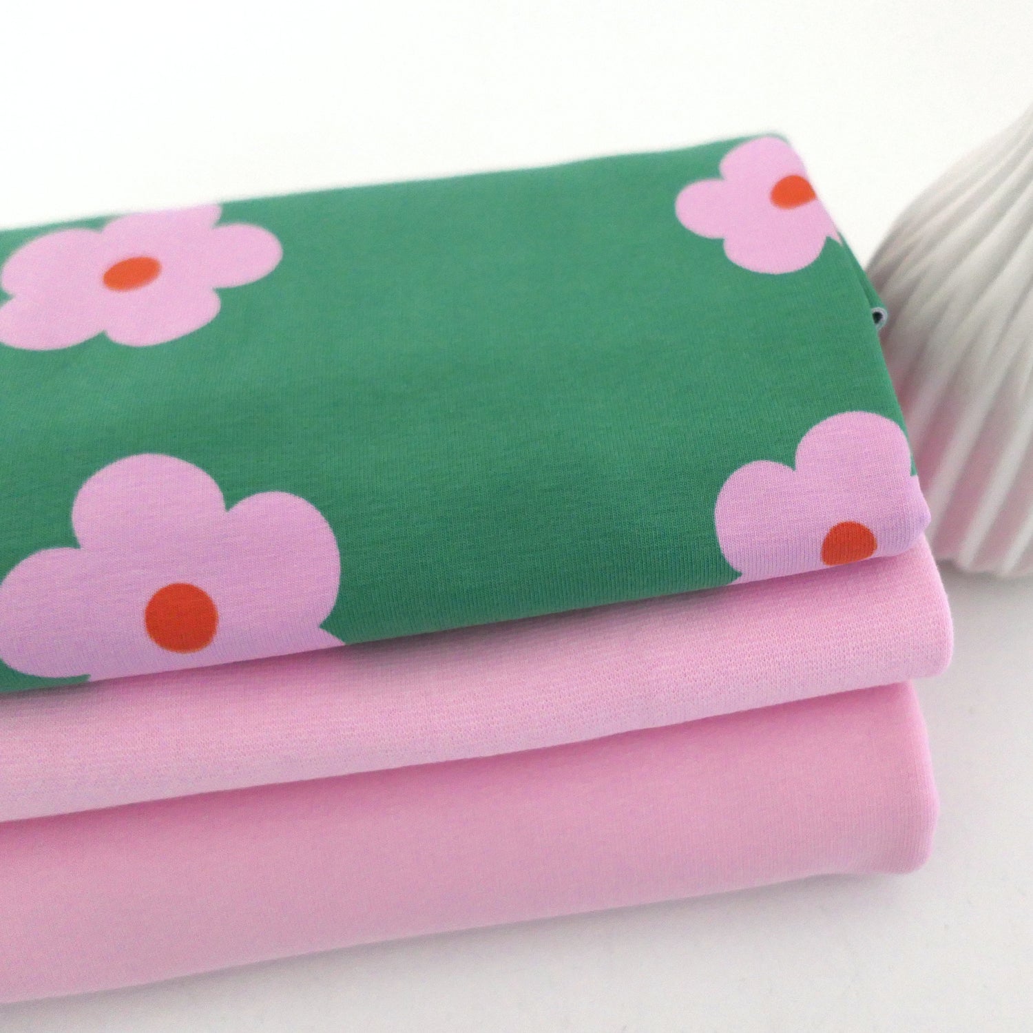 Jersey Stoffpaket, Prilblumen, Blüten, Rosa/Grün, French Terry Uni Rosa