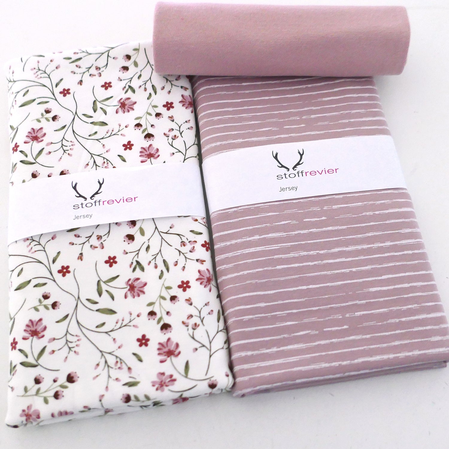 Jersey Stoffpaket, Blumenranken, Ranken, Linien, Bündchen Softrose