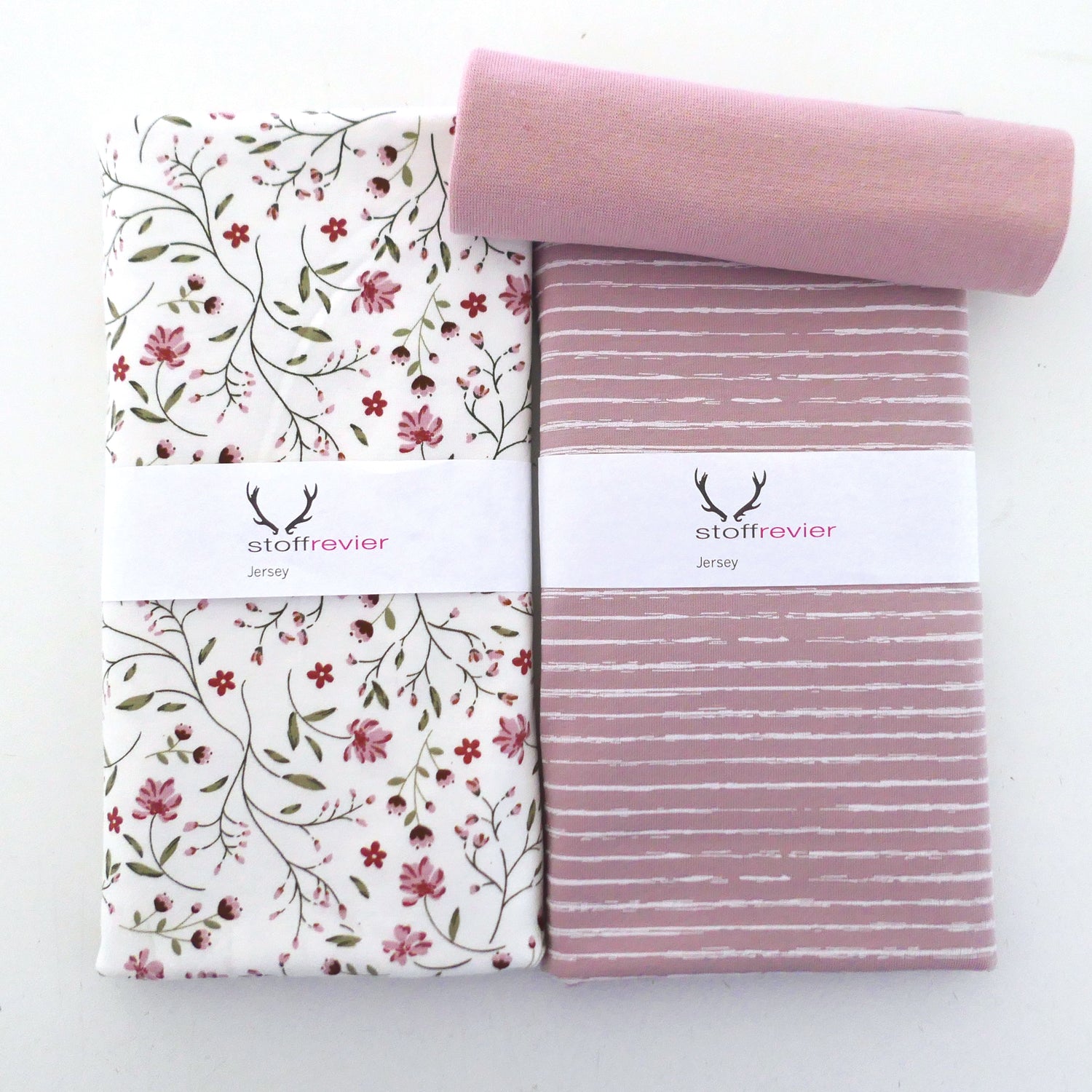 Jersey Stoffpaket, Blumenranken, Ranken, Linien, Bündchen Softrose