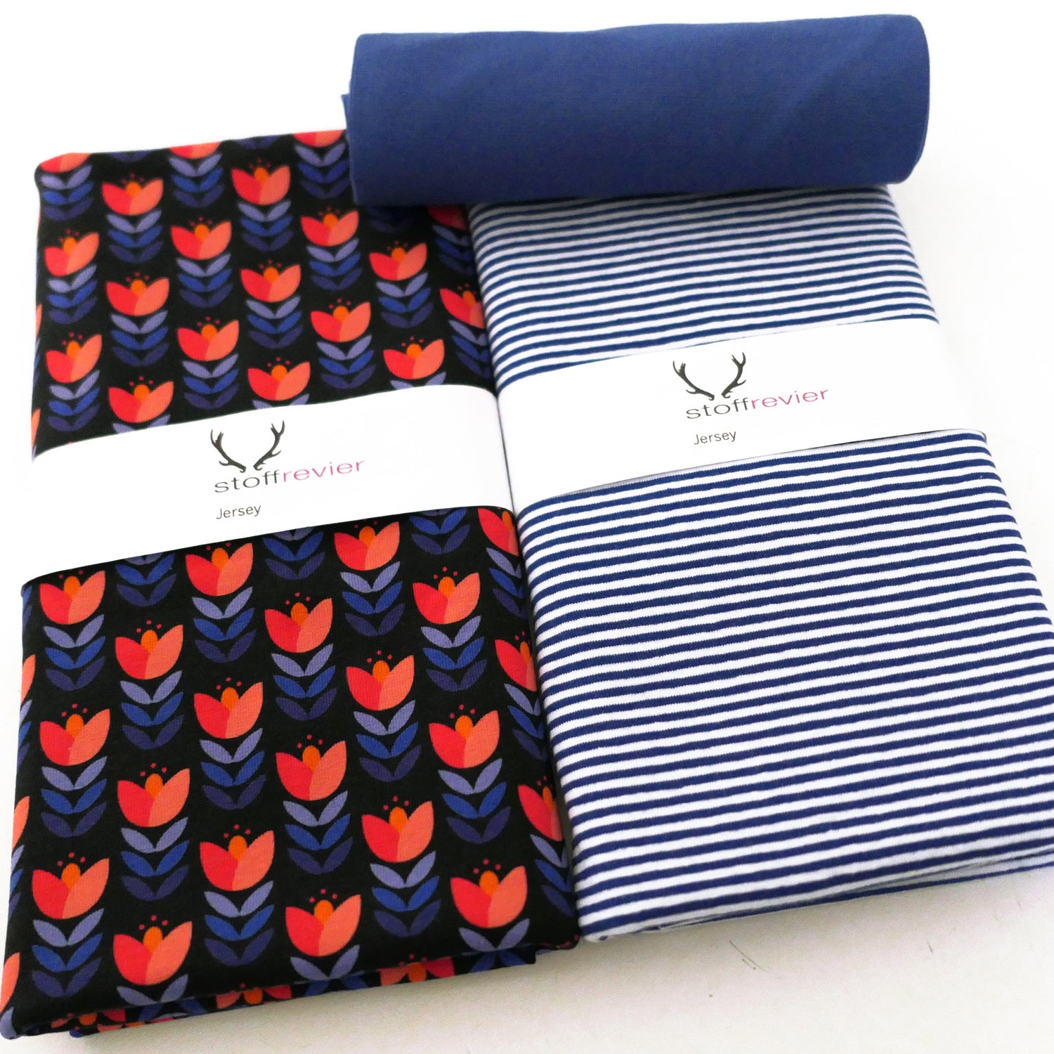 Stoffpaket Jersey, Retro Tulpe, Schwarz, Ringel Royalblau und Bündchen